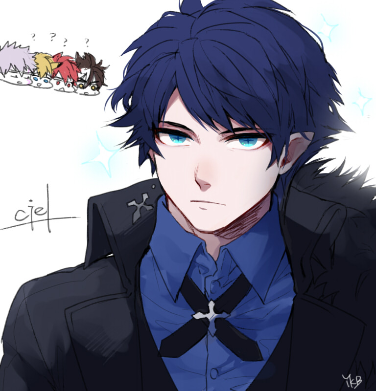 5boys, ?, add_(elsword), black_hair, blonde_hair, bloody_yukime, blue_eyes, blue_hair, character_name, chung_(elsword), ciel_(elsword), coat, elsword, elsword_(character), grey_hair, male, multicolored_hair, multiple_boys, pointy_ears, raven_(elsword), redhead, shirt, symbol-shaped_pupils, two-tone_hair, white_background, white_hair