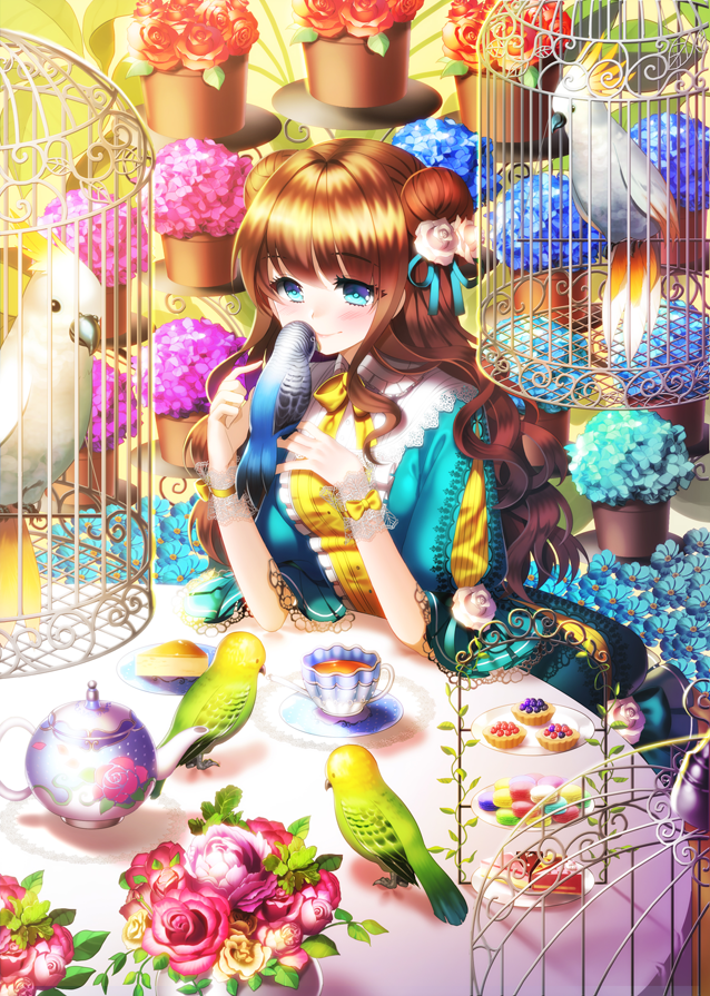 1girl, aile_(crossroads), bird, blue_eyes, brown_hair, cockatoo, cup, double_bun, dress, flower, flower_pot, hair_bun, hair_flower, hair_ornament, long_hair, original, parakeet, puffy_sleeves, short_sleeves, smile, solo, sulphur-crested_cockatoo, table, tea, teacup, teapot