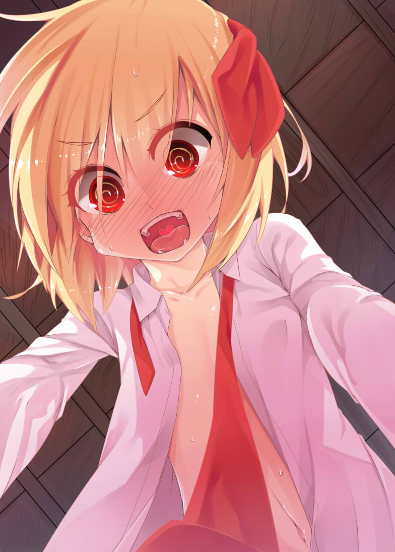 1girl, @_@, blonde_hair, blush, dress_shirt, fangs, hair_ribbon, heart