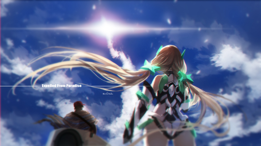 1girl, angela_balzac, back, blonde_hair, bodysuit, copyright_name, dingo_(expelled_from_paradise), expelled_from_paradise