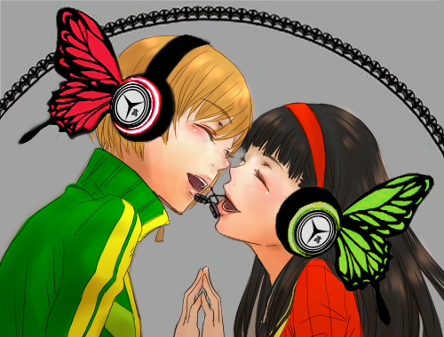 2girls, amagi_yukiko, black_hair, brown_hair, butterfly, headphones, lowres, magnet_(vocaloid), marimozawa_tomoe, multiple_girls, parody, persona, persona_4, satonaka_chie, short_hair, tomboy, vocaloid