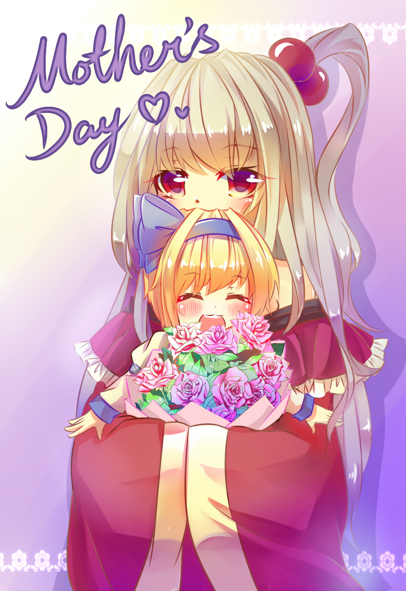 ^_^, alice_margatroid, alice_margatroid_(pc-98), blonde_hair, bouquet, carrying, child, closed_eyes