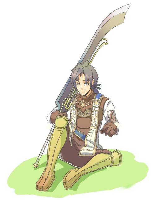 black_hair, brown_hair, izumi_(ko8), jazz_(trusty_bell), jitterbug_(trusty_bell), sword, trusty_bell, weapon