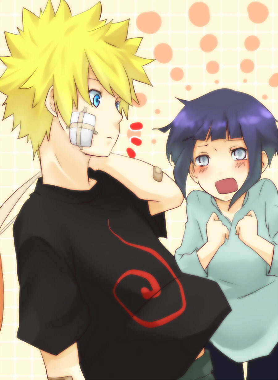 1boy, 1girl, bandaid, blonde_hair, blue_eyes, blue_hair, highres, hyuuga_hinata