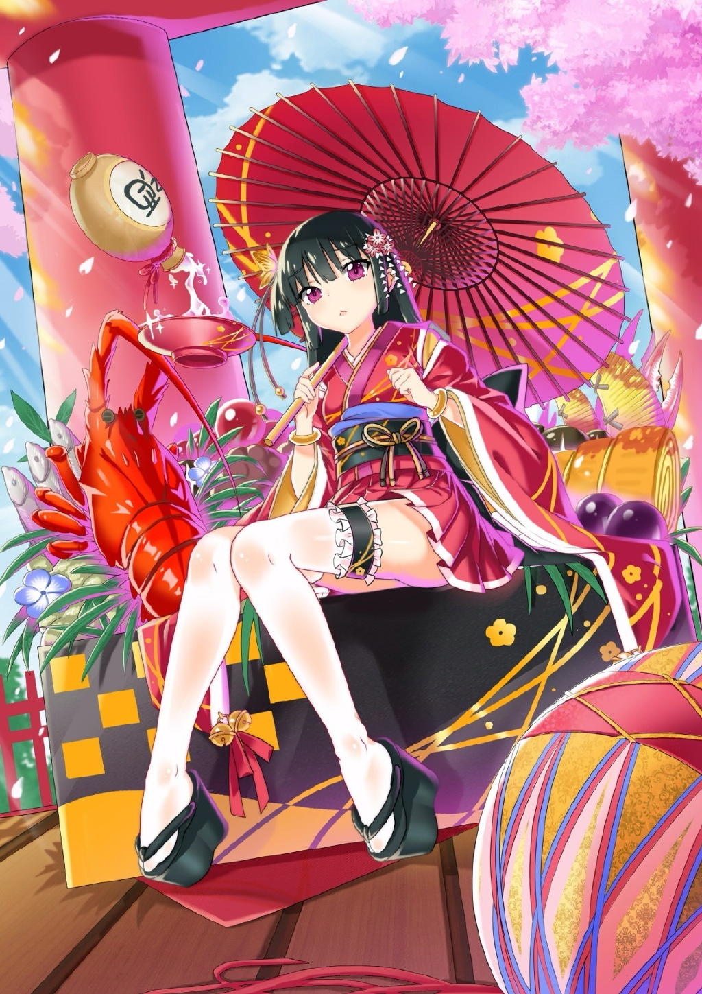 1girl, :<, alcohol, black_hair, cherry_blossoms, gourd, hair_ornament, highres