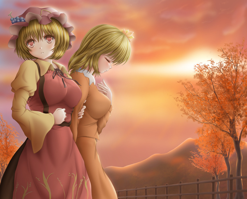 2girls, aki_minoriko, aki_shizuha, akino_irori, apron, arm_grab, autumn, autumn_leaves