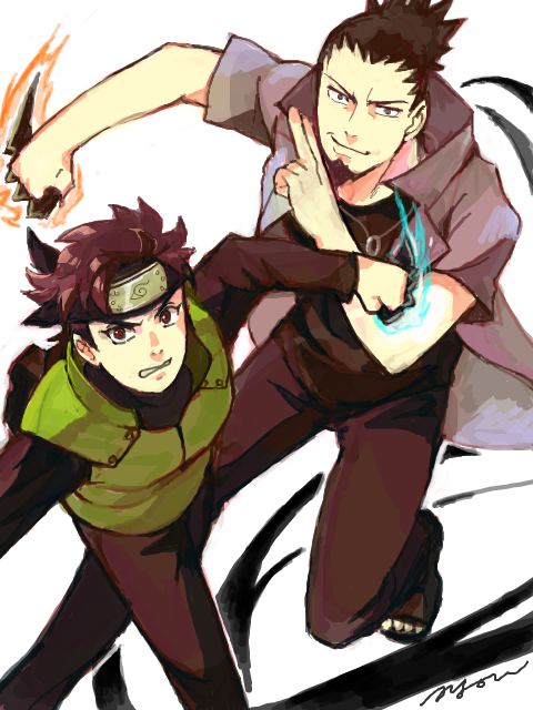 1boy, 1girl, beard, black_hair, facial_hair, forehead_protector, kunai, long_hair, nara_shikamaru, naruto, ponytail, reverse_trap, sarutobi_mirai, short_hair, weapon, yuu_knight3858