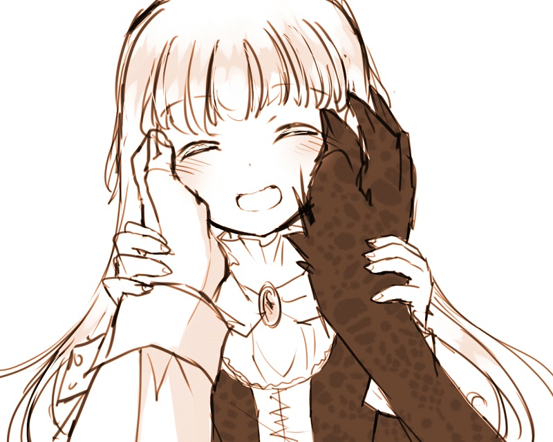 1girl, ati_(sekien_no_inganock), bangs, blunt_bangs, blush, brooch, closed_eyes, gii_(sekien_no_inganock)