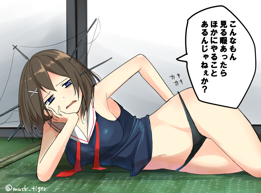 1girl, absurdres, annoyed, bare_shoulders, black_panties, blue_eyes, breasts, brown_hair