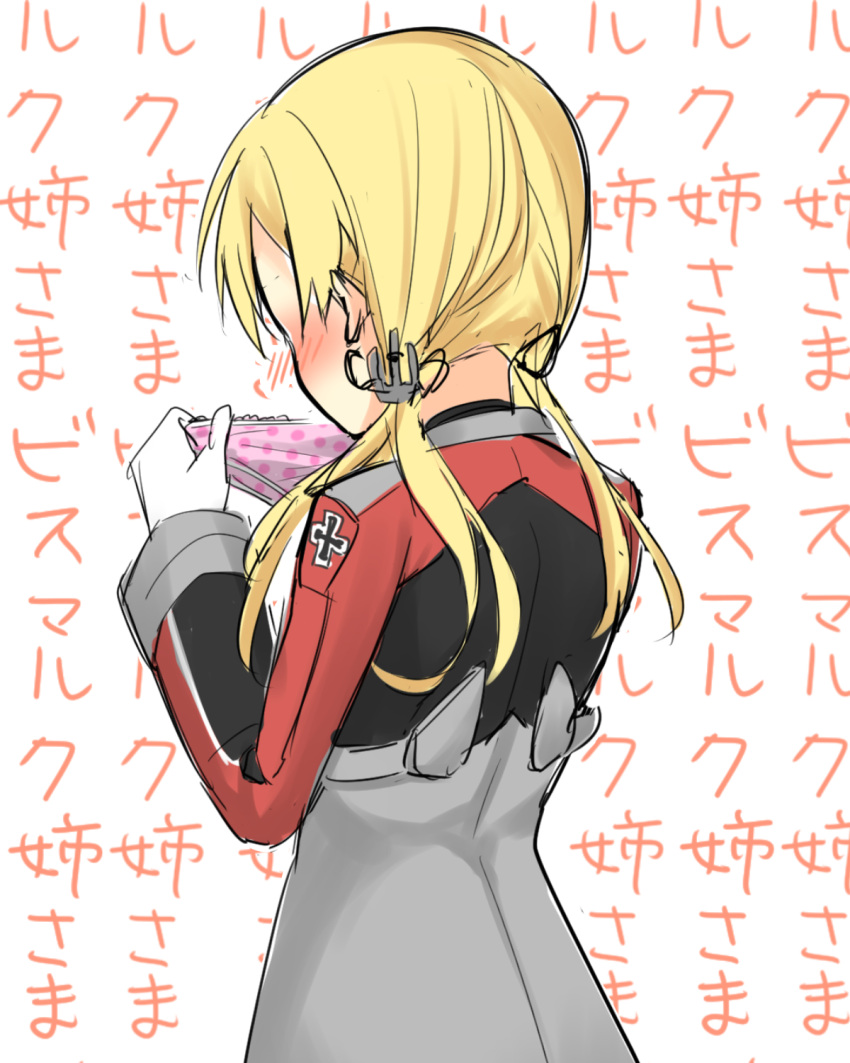 1girl, anchor_hair_ornament, blonde_hair, blush, bust, from_behind, gloves, highres