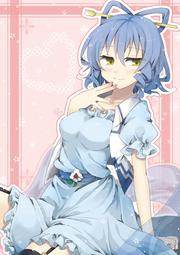 1girl, blue_hair, garter_straps, green_eyes, hair_ornament, hair_stick, irotani_asuka, kaku_seiga