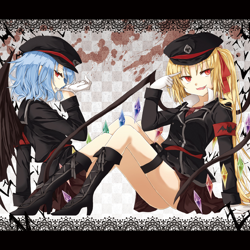>:d, 2girls, :d, alternate_costume, bat_wings, blazer, blonde_hair, blue_hair