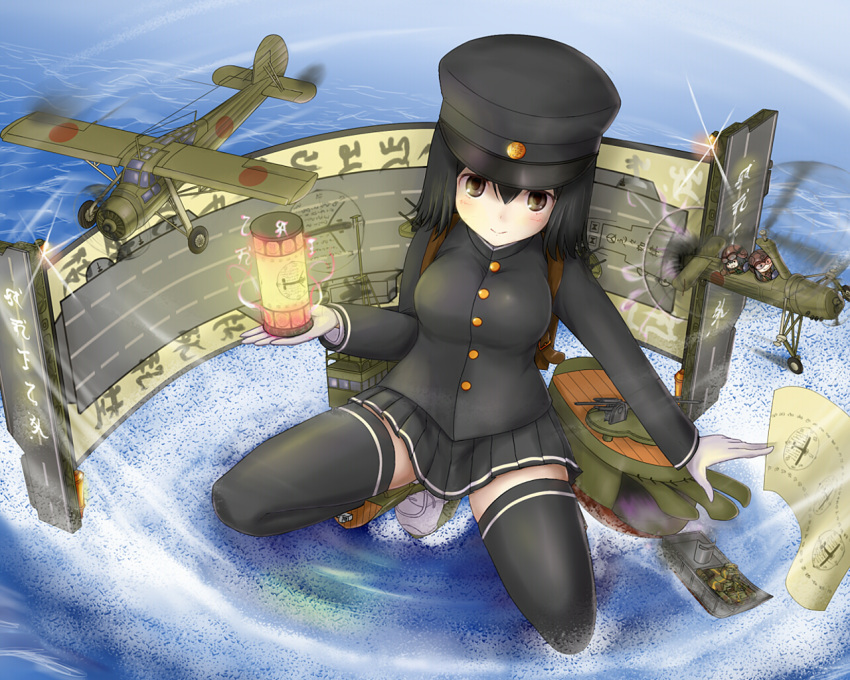 1girl, airplane, akitsu_maru_(kantai_collection), autogyro, aviator_cap, aviator_glasses, backpack, bag