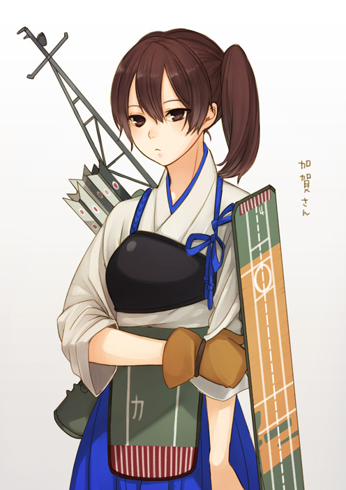 1girl, brown_eyes, brown_hair, flight_deck, gloves, hoshimachi, japanese_clothes, kaga_(kantai_collection)