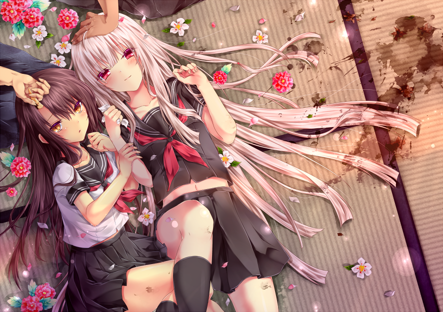 4girls, brown_eyes, brown_hair, flower, long_hair, multiple_girls, navel, original