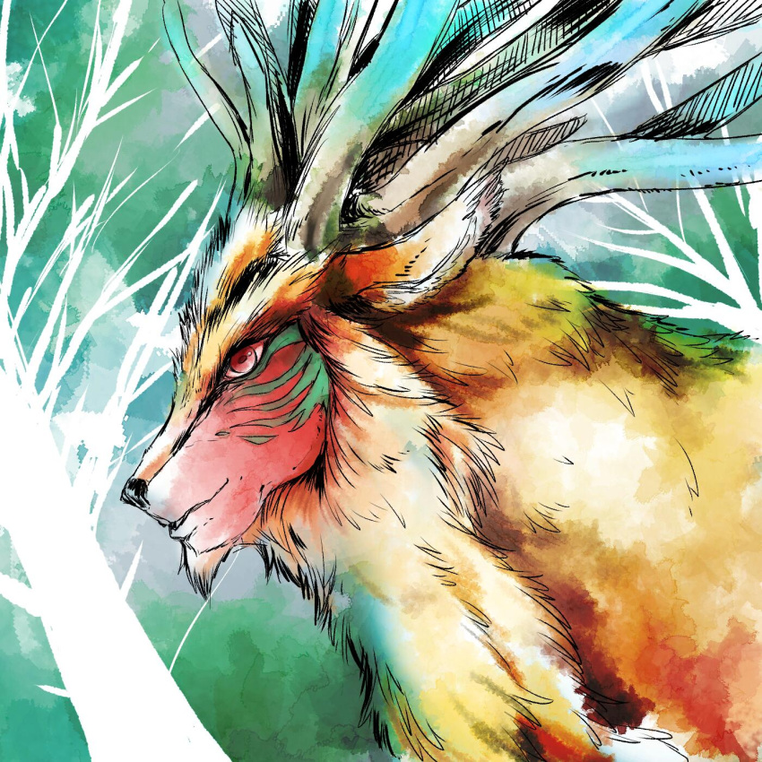 deer, getsuyou_bi, highres, horns, mononoke_hime, no_humans, red_eyes, shishigami