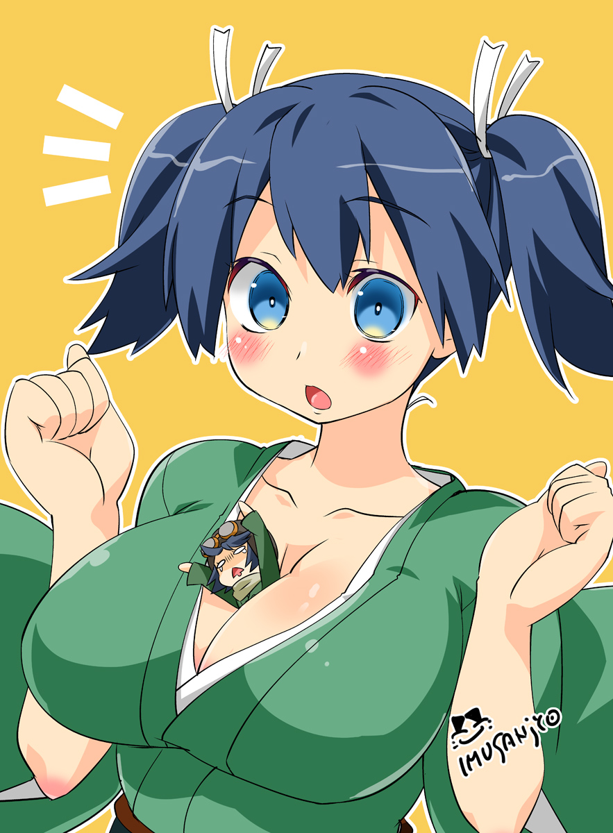 2girls, black_hair, blue_eyes, breasts, cleavage, collarbone, fairy_(kantai_collection), hair_ribbon, highres, imu_sanjo, japanese_clothes, kantai_collection, multiple_girls, open_mouth, person_in_cleavage, ribbon, souryuu_(kantai_collection), twintails