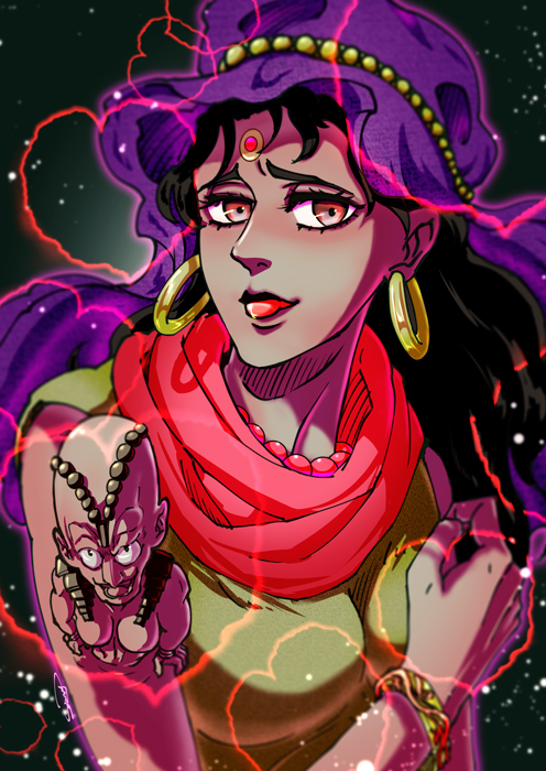 2girls, bracelet, brown_eyes, dark_skin, earrings, empress_(stand), hat, hoop_earrings, jewelry, jojo_no_kimyou_na_bouken, multiple_girls, nena, red_eyes, sainii, scarf, stand_(jojo)