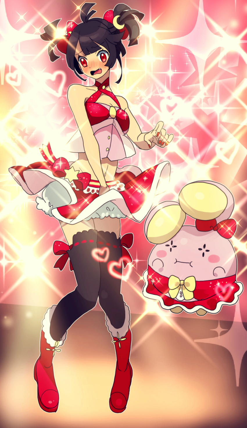 alternate_clothes, alternate_costume, black_hair, blush, canarinu, fang, hair_ribbon, higana_(pokemon)