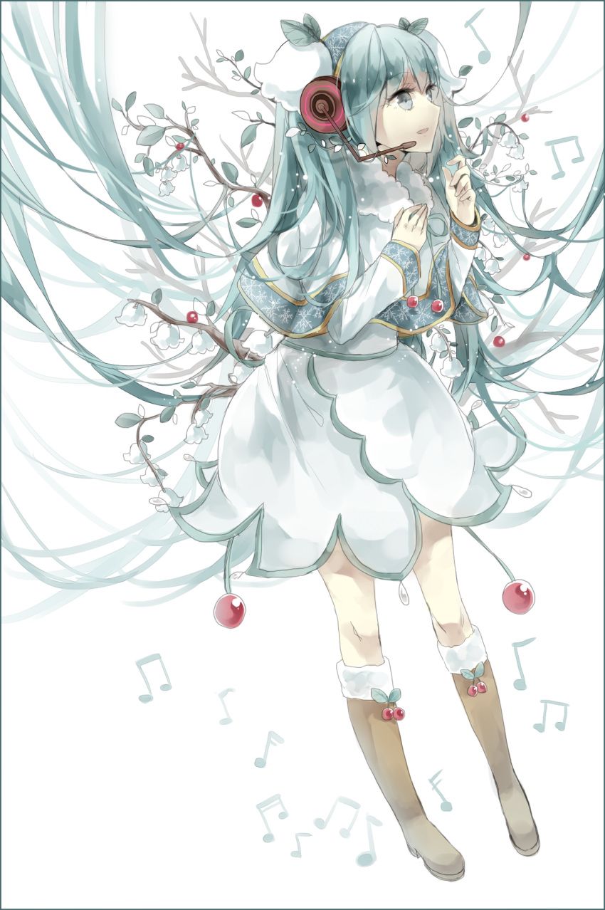1girl, aqua_eyes, aqua_hair, boots, hatsune_miku, headset, highres, knee_boots, long_hair, musical_note, snowdrop_(flower), solo, very_long_hair, vocaloid, yuki_miku