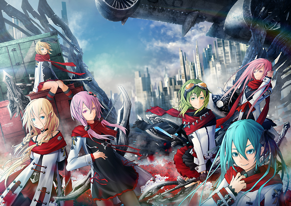 6+girls, ajigo, aqua_eyes, aqua_hair, axe, blonde_hair, bow_(weapon), braid