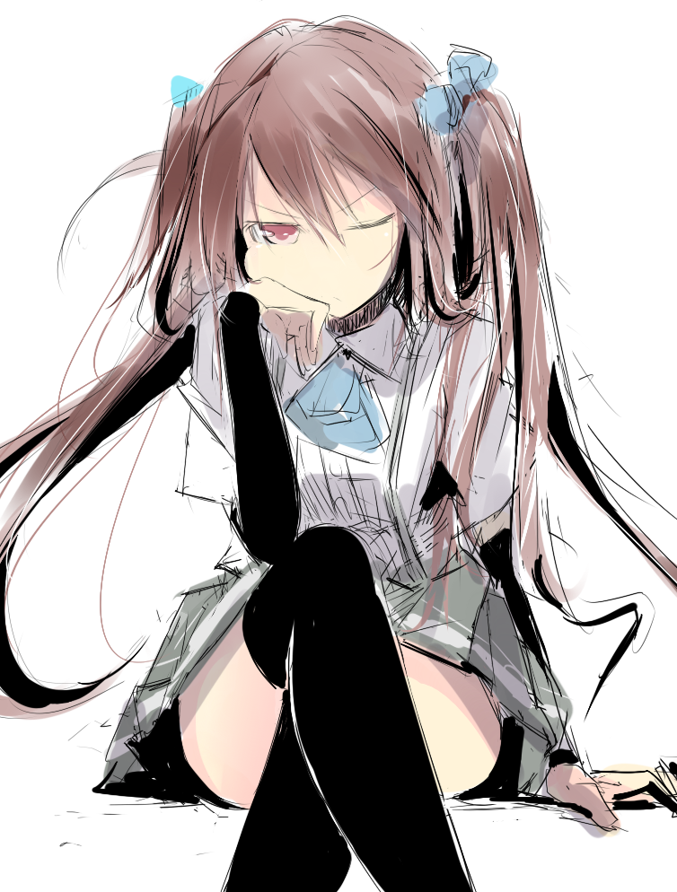 1girl, arm_warmers, asagumo_(kantai_collection), black_legwear, brown_hair, chin_rest, crossed_legs, hair_ribbon