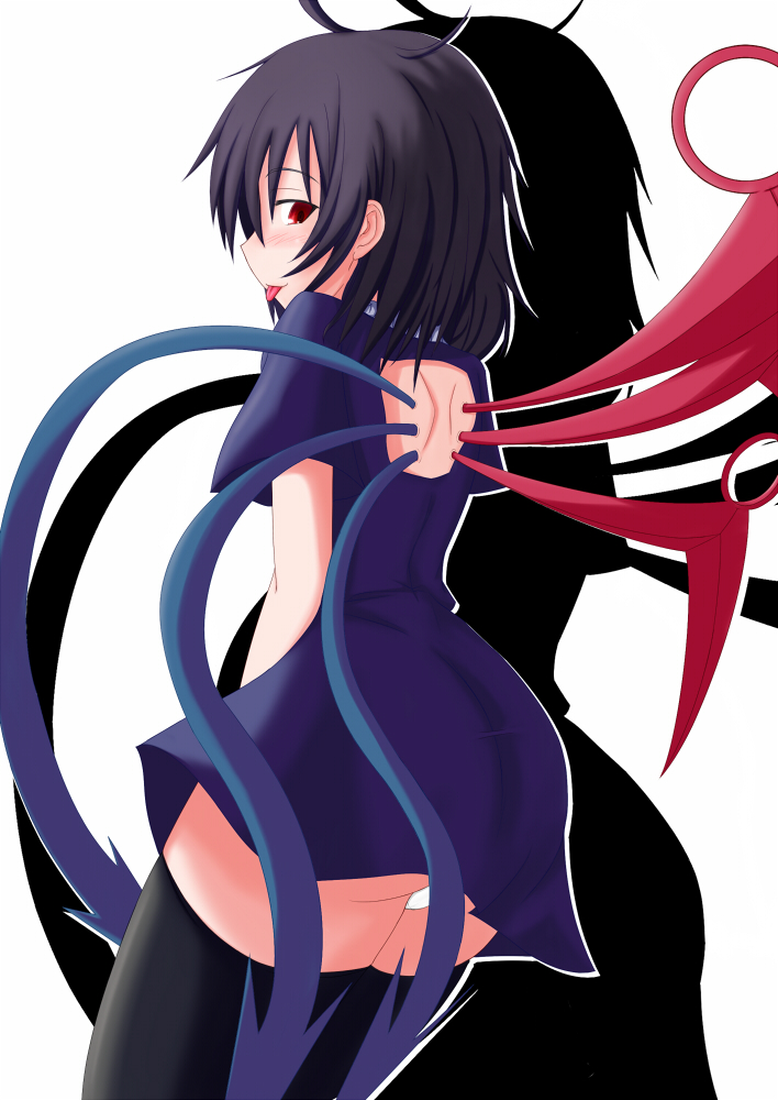 1girl, ahoge, ass, asymmetrical_wings, back_cutout, black_hair, blush, houjuu_nue