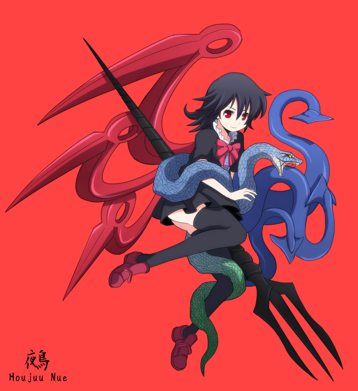 black_legwear, black_thighhighs, dress, houjuu_nue, n_(ruff), polearm, red_eyes, short_hair