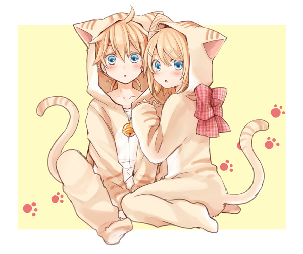 1boy, 1girl, animal_costume, animal_ears, bell, blonde_hair, blue_eyes, bow