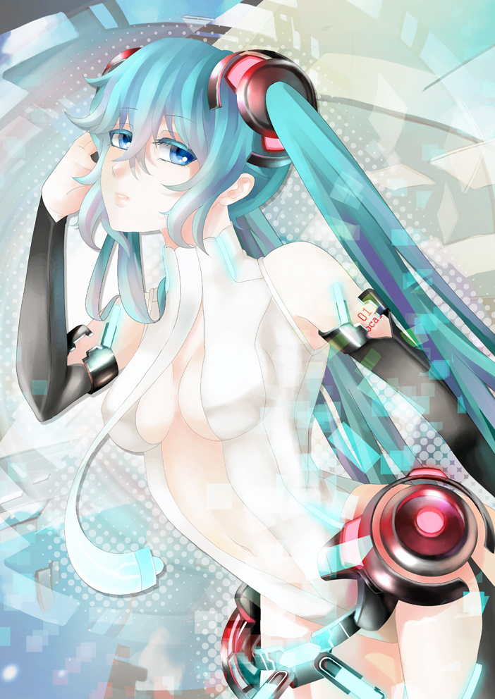 1girl, aqua_hair, blue_eyes, breasts, cleavage, cowboy_shot, detached_sleeves, hatsune_miku