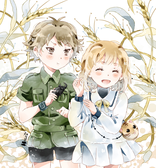 1boy, 1girl, :t, animal, artist_name, bag, blonde_hair, brown_hair
