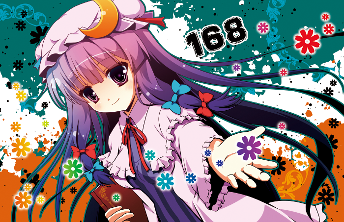 15_(tooka), 1girl, book, crescent_hair_ornament, flower_(symbol), hair_ornament, hat, long_hair