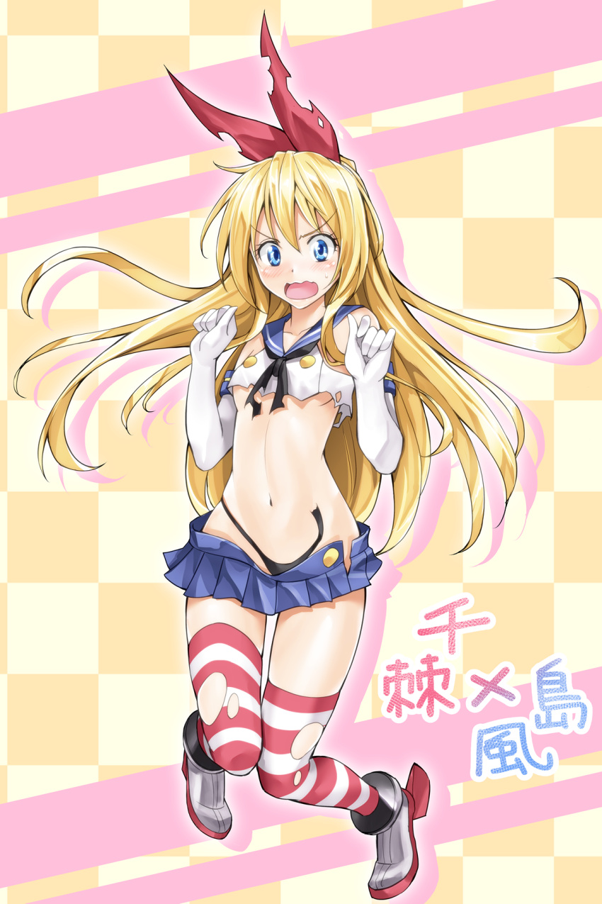 1girl, black_panties, blonde_hair, blue_eyes, blush, cosplay, elbow_gloves, gloves