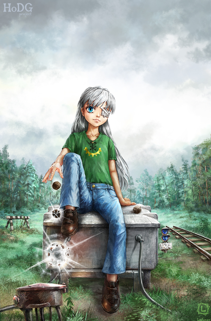 1girl, blue_eyes, eyepatch, forest, grey_hair, limfoman, long_hair, nature