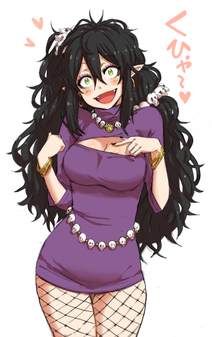 1girl, black_hair, black_nails, bracelet, breasts, cleavage, cleavage_cutout, dress