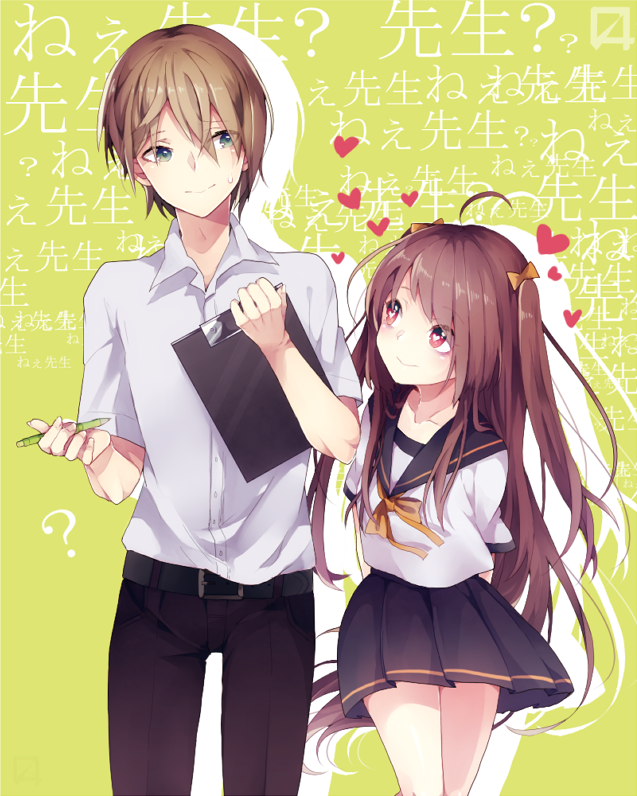 1boy, 1girl, ahoge, belt, blouse, bow, brown_hair, green_eyes