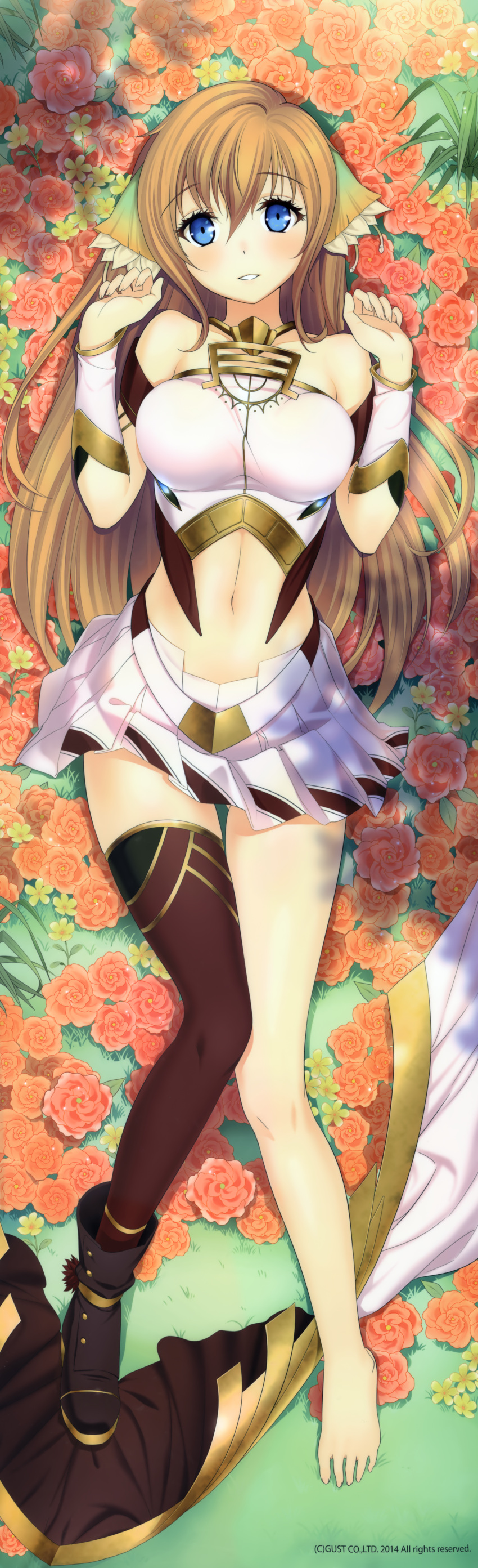1girl, absurdres, ar_nosurge, barefoot, blue_eyes, blush, breasts, brown_hair