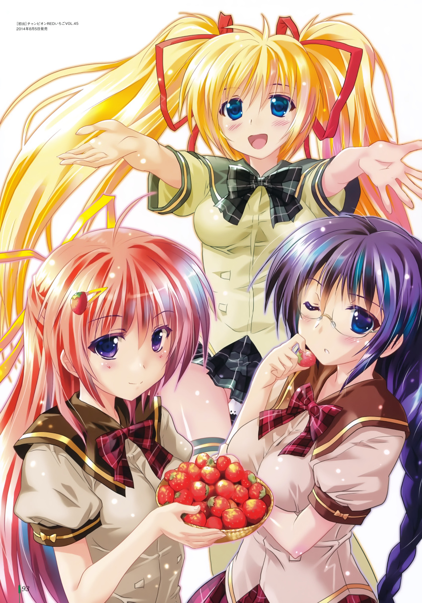 3girls, absurdres, ayasaka_mei, blonde_hair, blue_eyes, blue_hair, braid, food