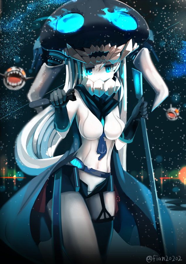 1girl, blue_eyes, cape, glowing, glowing_eyes, headgear, holding, kantai_collection