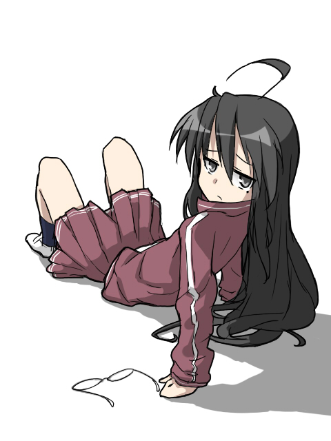 arm_support, bad_id, black_eyes, black_hair, glasses, izumi_konata, kurokona, looking_back