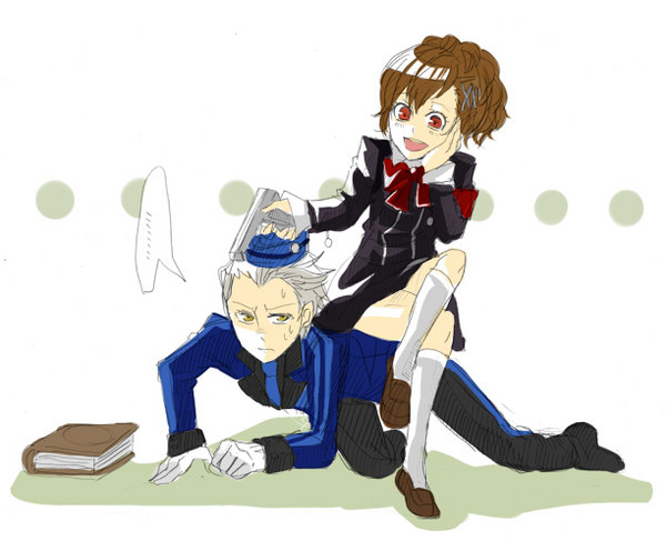 book, bow, brown_eyes, brown_hair, female_protagonist_(persona_3), garrison_cap, gun, hairclip