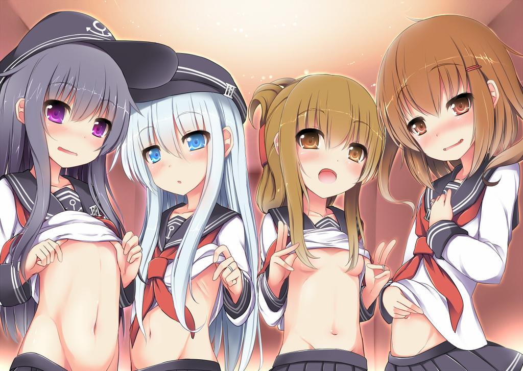4girls, :o, akatsuki_(kantai_collection), anchor_symbol, black_hair, blue_eyes, blush, breasts