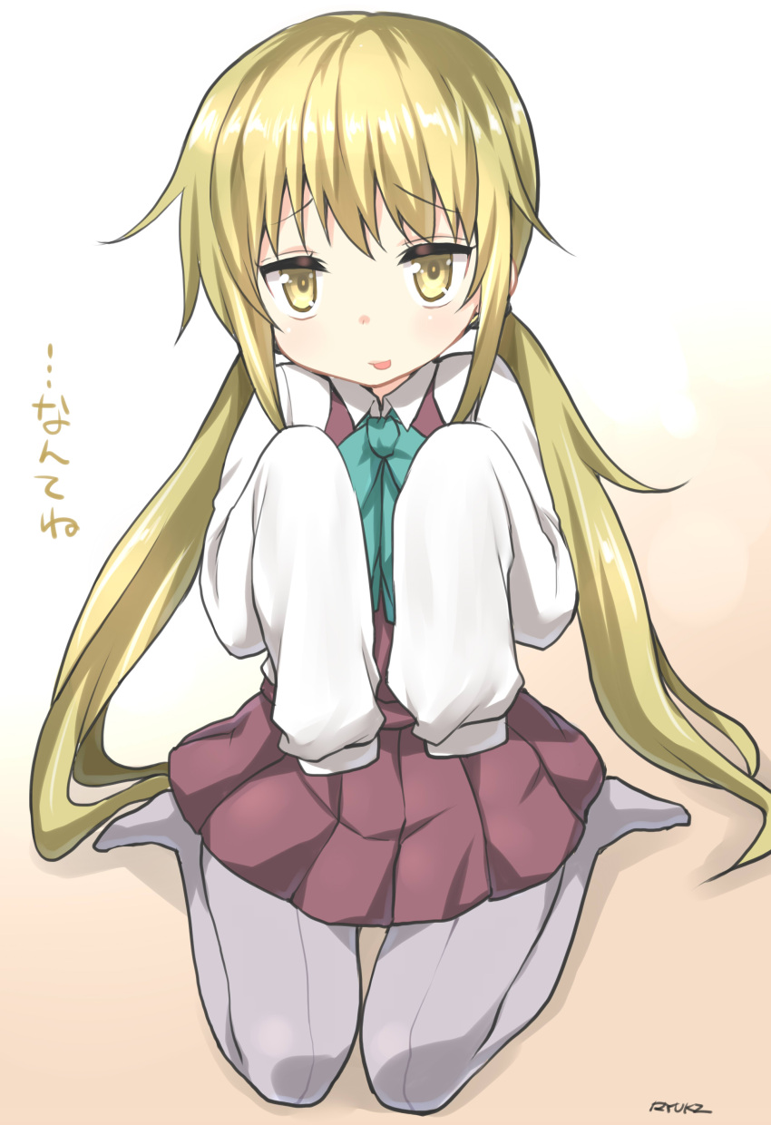 1girl, absurdres, blonde_hair, cosplay, dress, dress_shirt, highres, kantai_collection, long_hair, looking_at_viewer, low_twintails, makigumo_(kantai_collection), makigumo_(kantai_collection)_(cosplay), open_mouth, pantyhose, purple_dress, ryuki_(ryukisukune), satsuki_(kantai_collection), shirt, sitting, sleeves_past_wrists, smile, solo, translation_request, twintails, very_long_hair, wariza, yellow_eyes