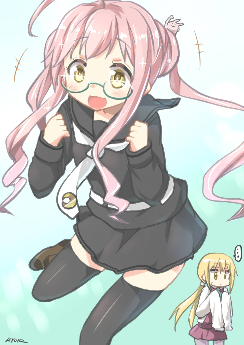 ..., 2girls, absurdres, ahoge, aqua-framed_glasses, black_legwear, blonde_hair, blush