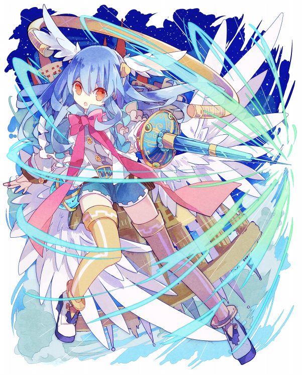 1girl, blue_hair, brown_eyes, brown_legwear, hair_ornament, holding, lance, long_hair, looking_at_viewer, merc_storia, open_mouth, original, phoenix0, polearm, shoes, shorts, solo, thigh-highs, weapon, zettai_ryouiki