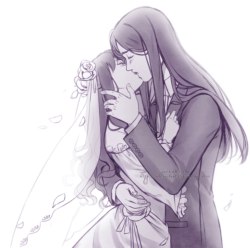 1boy, 1girl, alexielart, bridal_veil, bride, dress, fate/stay_night, fate/zero, fate_(series), formal, hetero, kiss, lord_el-melloi_ii, monochrome, suit, tohsaka_rin, toosaka_rin, veil, watermark, waver_velvet, web_address, wedding, wedding_dress