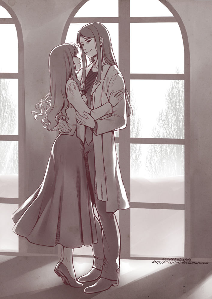 1boy, 1girl, 2014, alexielart, artist_name, couple, fate/stay_night, fate/zero, fate_(series), garter_straps, hetero, long_skirt, lord_el-melloi_ii, monochrome, older, skirt, tiptoes, tohsaka_rin, toosaka_rin, watermark, waver_velvet, web_address, window