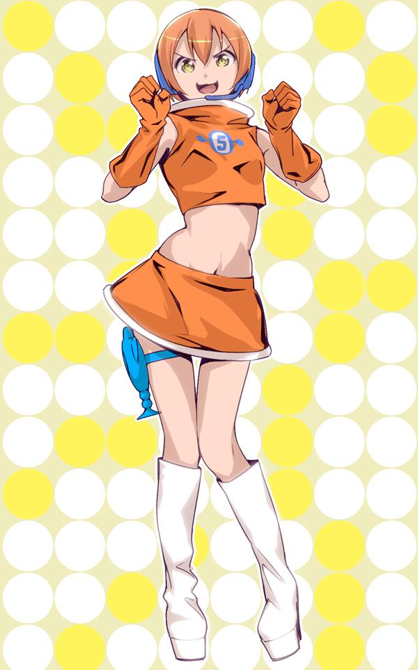 1girl, boots, cosplay, crop_top, gloves, headset, hoshizora_rin, love_live!_school_idol_project