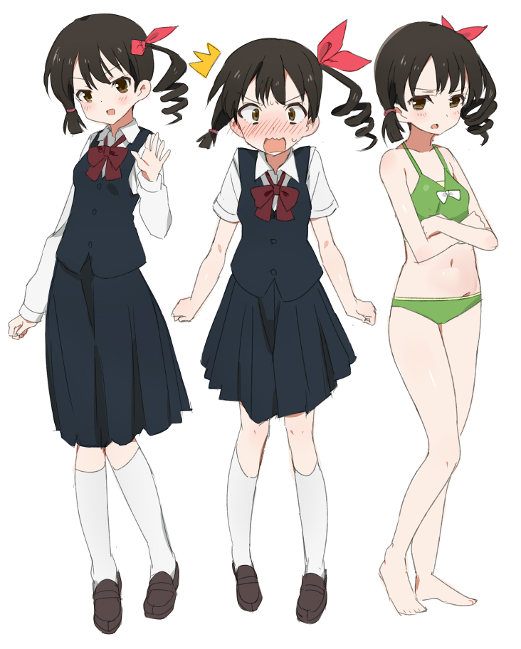 /\/\/\, 1girl, asymmetrical_hair, black_hair, blush, bow, bowtie, brown_eyes