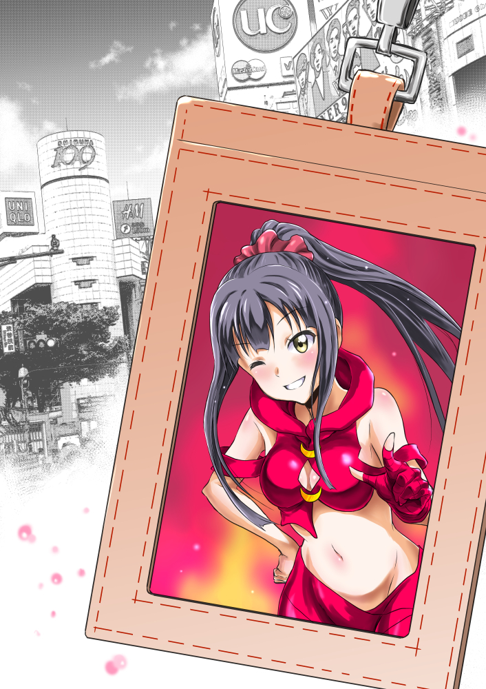 1girl, black_hair, breasts, building, card, city, cleavage, cleavage_cutout